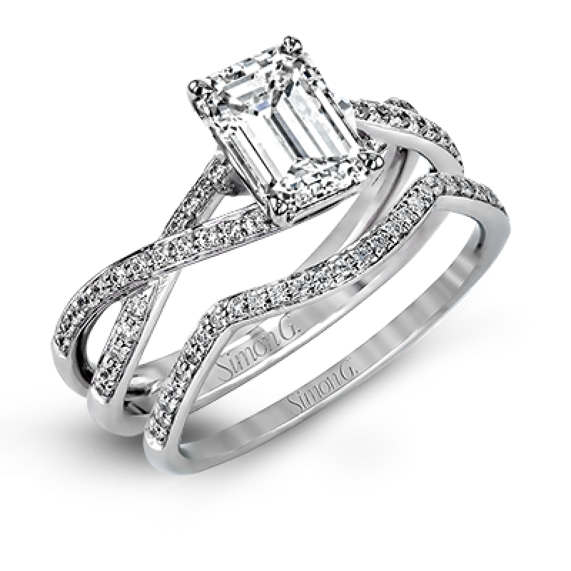 EMERALD-CUT CRISS-CROSS ENGAGEMENT RING & MATCHING WEDDING BAND IN 18K GOLD WITH DIAMONDS