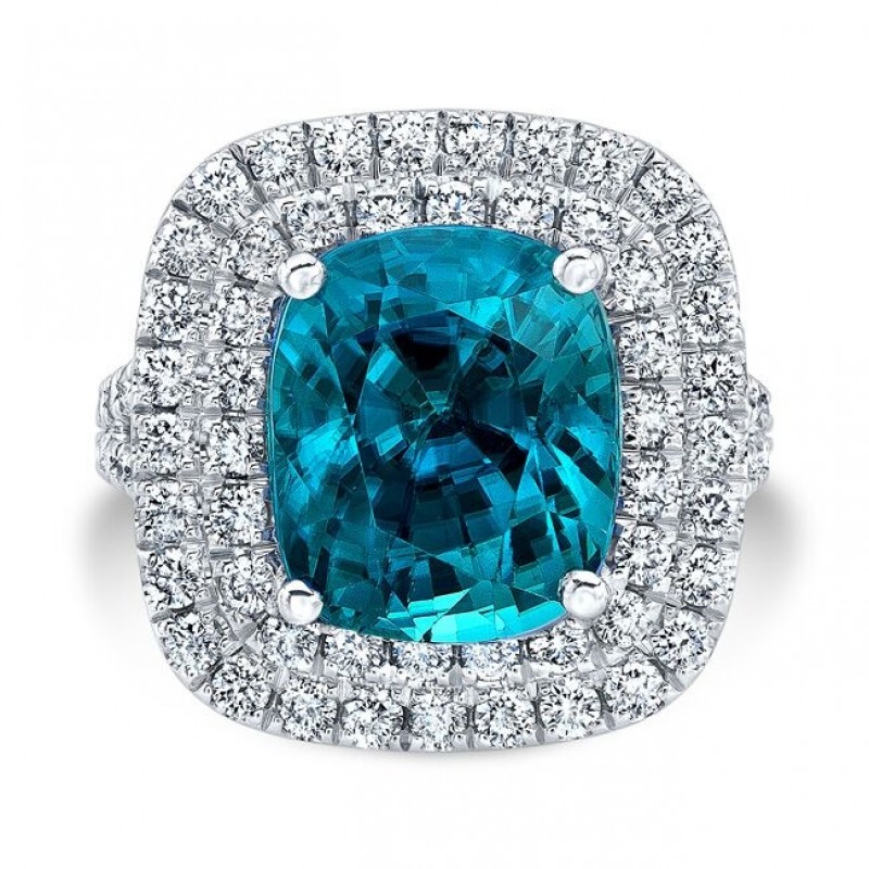 14K White Gold Blue Zircon Double Halo Ring