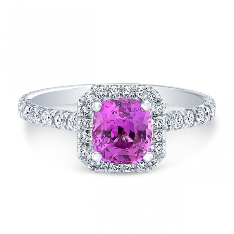 18K White Gold 1.58ct Cushion Shaped Pink Sapphire Ring