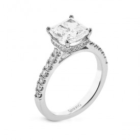 CUSHION-CUT HIDDEN HALO ENGAGEMENT RING IN PLATINUM WITH DIAMONDS