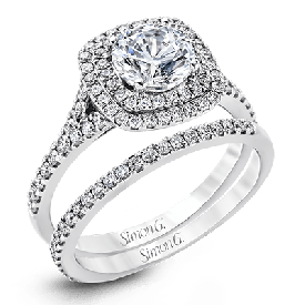 ROUND-CUT DOUBLE-HALO ENGAGEMENT RING & MATCHING WEDDING BAND IN PLATINUM WITH DIAMONDS