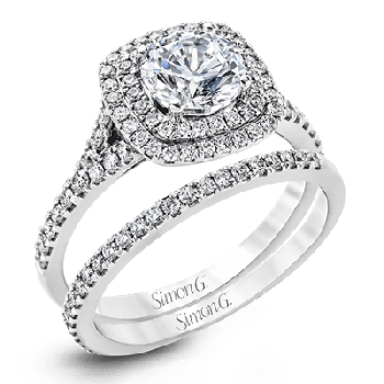 ROUND-CUT DOUBLE-HALO ENGAGEMENT RING & MATCHING WEDDING BAND IN PLATINUM WITH DIAMONDS