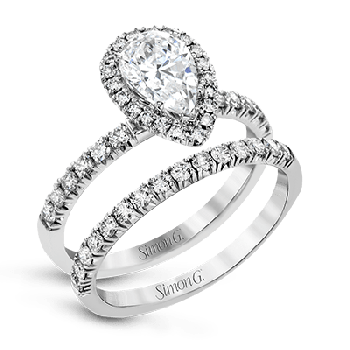 PEAR-CUT HALO ENGAGEMENT RING & MATCHING WEDDING BAND IN 18K GOLD WITH DIAMONDS