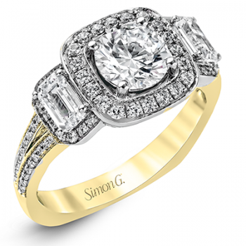 ROUND-CUT THREE-STONE HALO ENGAGEMENT RING IN 18K GOLD WITH DIAMONDS